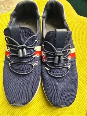 Tommy Hilfiger Women’s Navy Athletic Slip-On Sneakers with Red & White Stripe